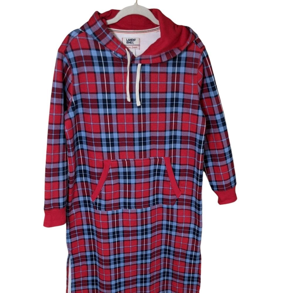 Land's End Serious Sweats  hooded house dress robe plaid kangaroo pocket S/6-8